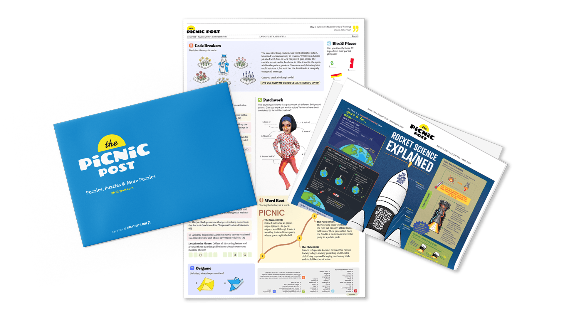 The Picnic Post shown with its ‘Rocket Science Explained’ issue — a monthly newspaper of puzzles, games, trivia and explainers
